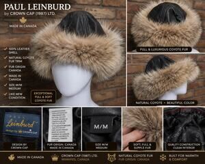 Paul Leinburd Crown Cap Natural Coyote Fur Leather Women's Winter Hat Medium